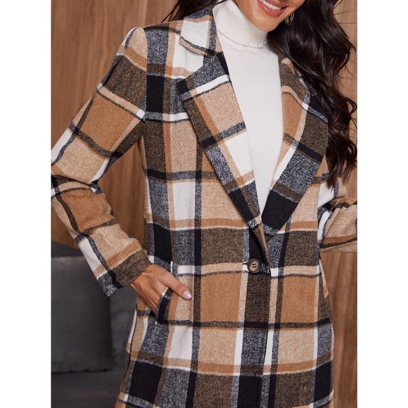 long trench coat Single Button Plaid pea Coat camel tan black fall  long line - Picture 5 of 8